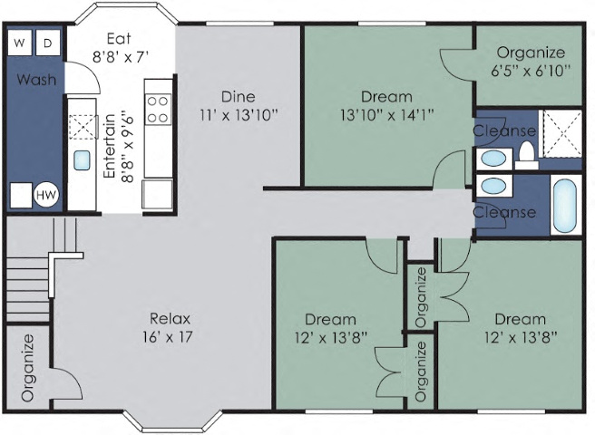 Floor plan for 3 beds, 2 baths, 1580 sqft